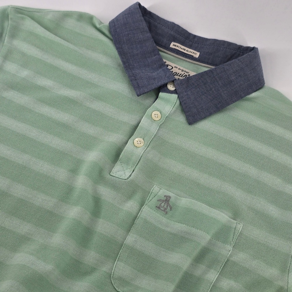 Original Penguin Polo Shirt Mens Large Mint Green Striped Heritage Slim Fit